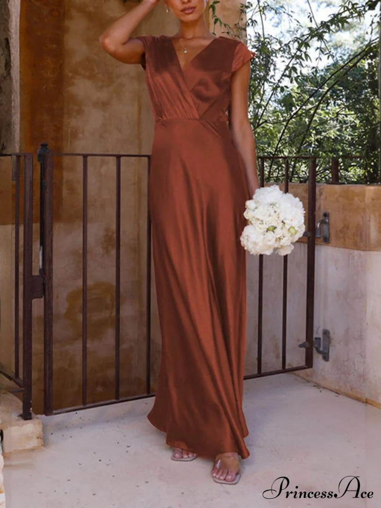 Spring/Summer Satin Solid Color Graceful V-Neck Fishtail Party Dress Dresses