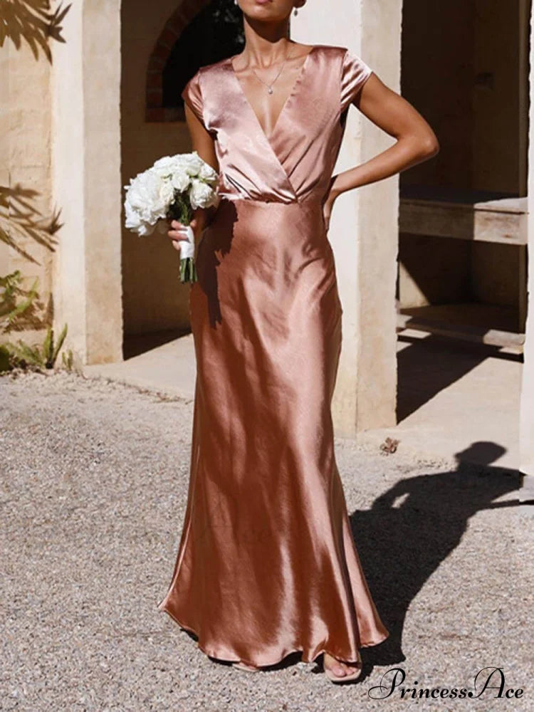 Spring/Summer Satin Solid Color Graceful V-Neck Fishtail Party Dress Pink / S Dresses