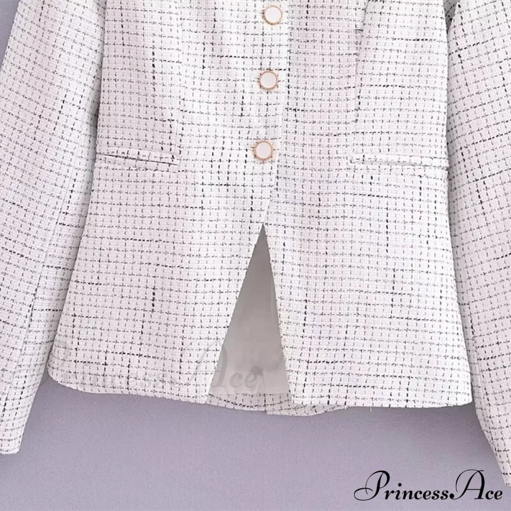 Spring V Collar White Plaid Woven Tweed Slim Waist Single-Breasted Button Slit Blazer