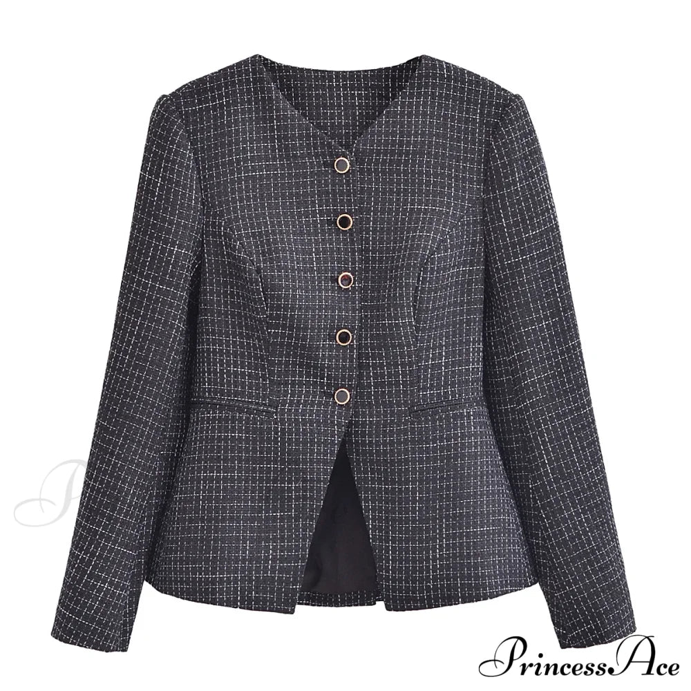 Spring V Collar White Plaid Woven Tweed Slim Waist Single-Breasted Button Slit Blazer Black / S