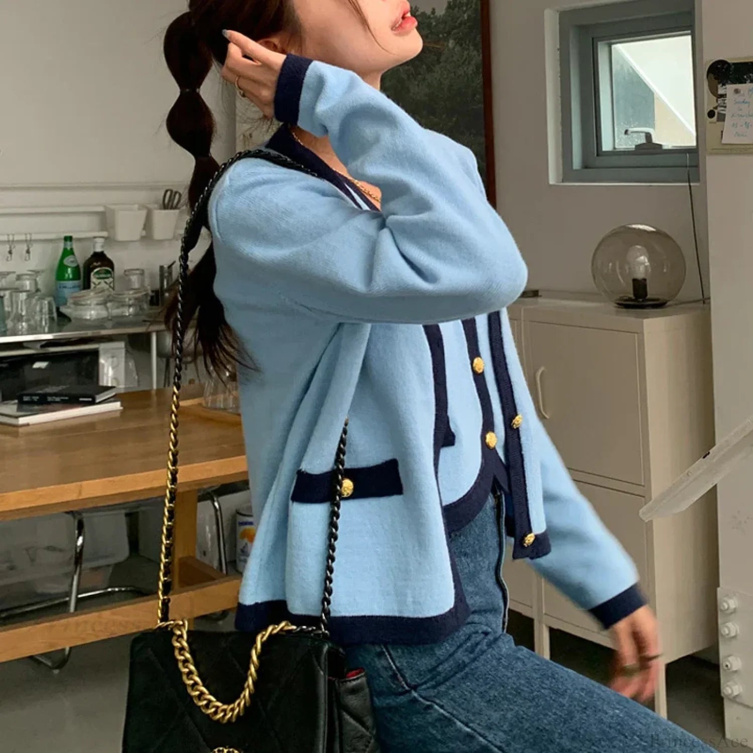 Spring V-neck Long Sleeve Knitted Cardigan Blue / One Size