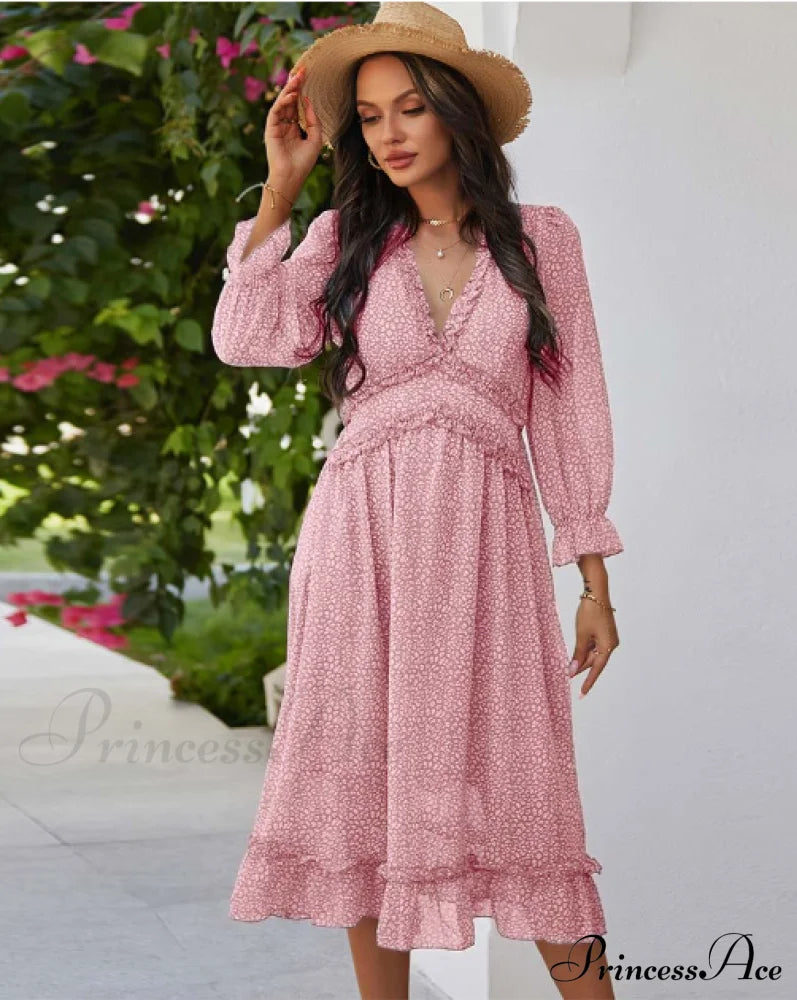 Spring V Neck Print Dress With Butterfly Sleeves And High Waist Ruffles In Chiffon Midi Length M /