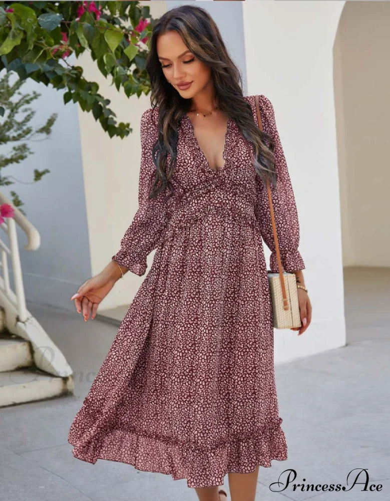 Spring V Neck Print Dress With Butterfly Sleeves And High Waist Ruffles In Chiffon Midi Length M /