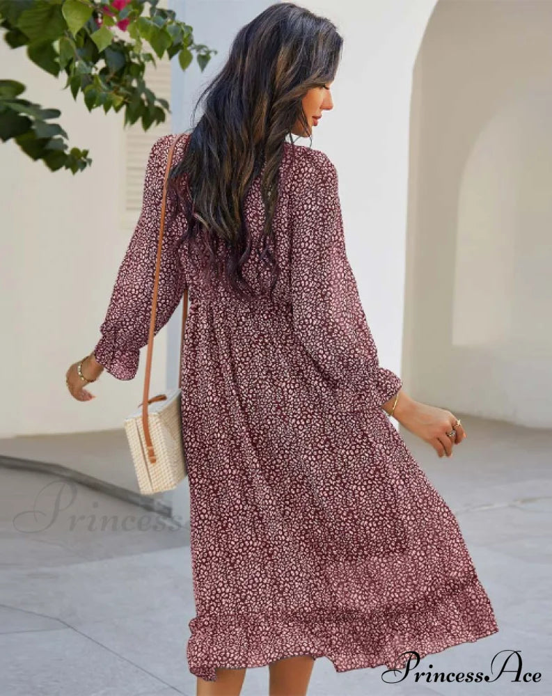 Spring V Neck Print Dress With Butterfly Sleeves And High Waist Ruffles In Chiffon Midi Length M /