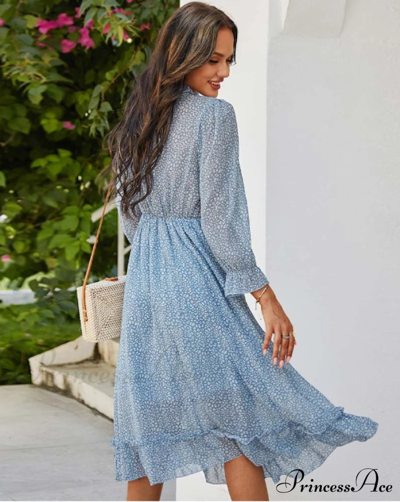 Spring V Neck Print Dress With Butterfly Sleeves And High Waist Ruffles In Chiffon Midi Length S /