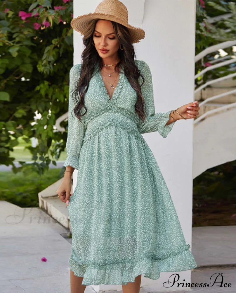 Spring V Neck Print Dress With Butterfly Sleeves And High Waist Ruffles In Chiffon Midi Length S /