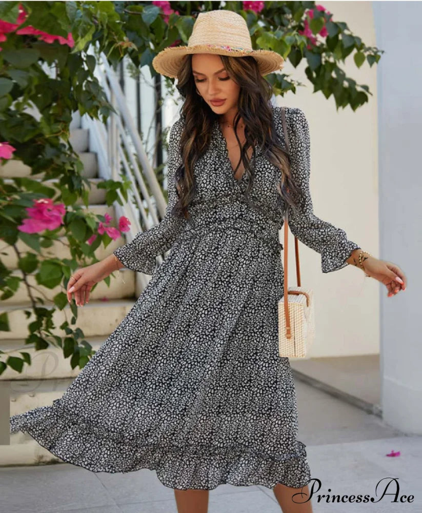 Spring V Neck Print Dress With Butterfly Sleeves And High Waist Ruffles In Chiffon Midi Length S /