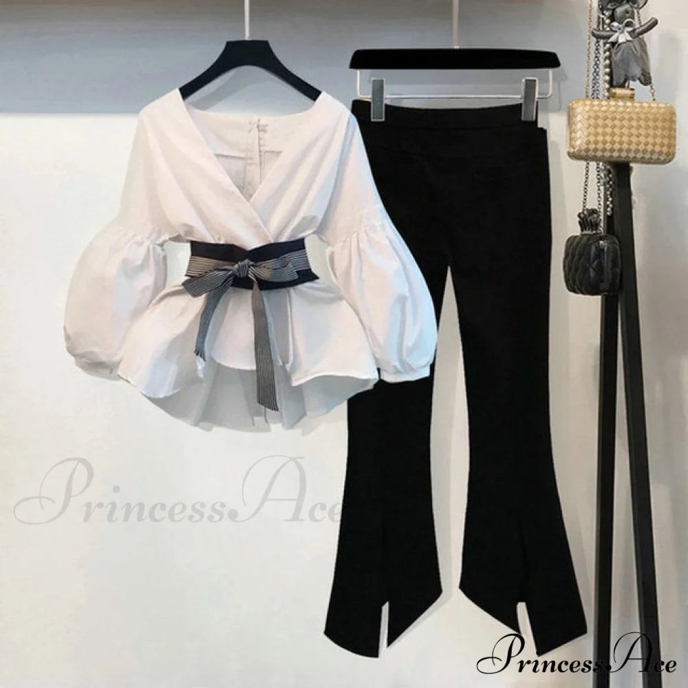 Spring Women’s Bow Pants Lantern Flare Black + Striped Split Warm-Season Blouse Arm Set 2Pcs Set