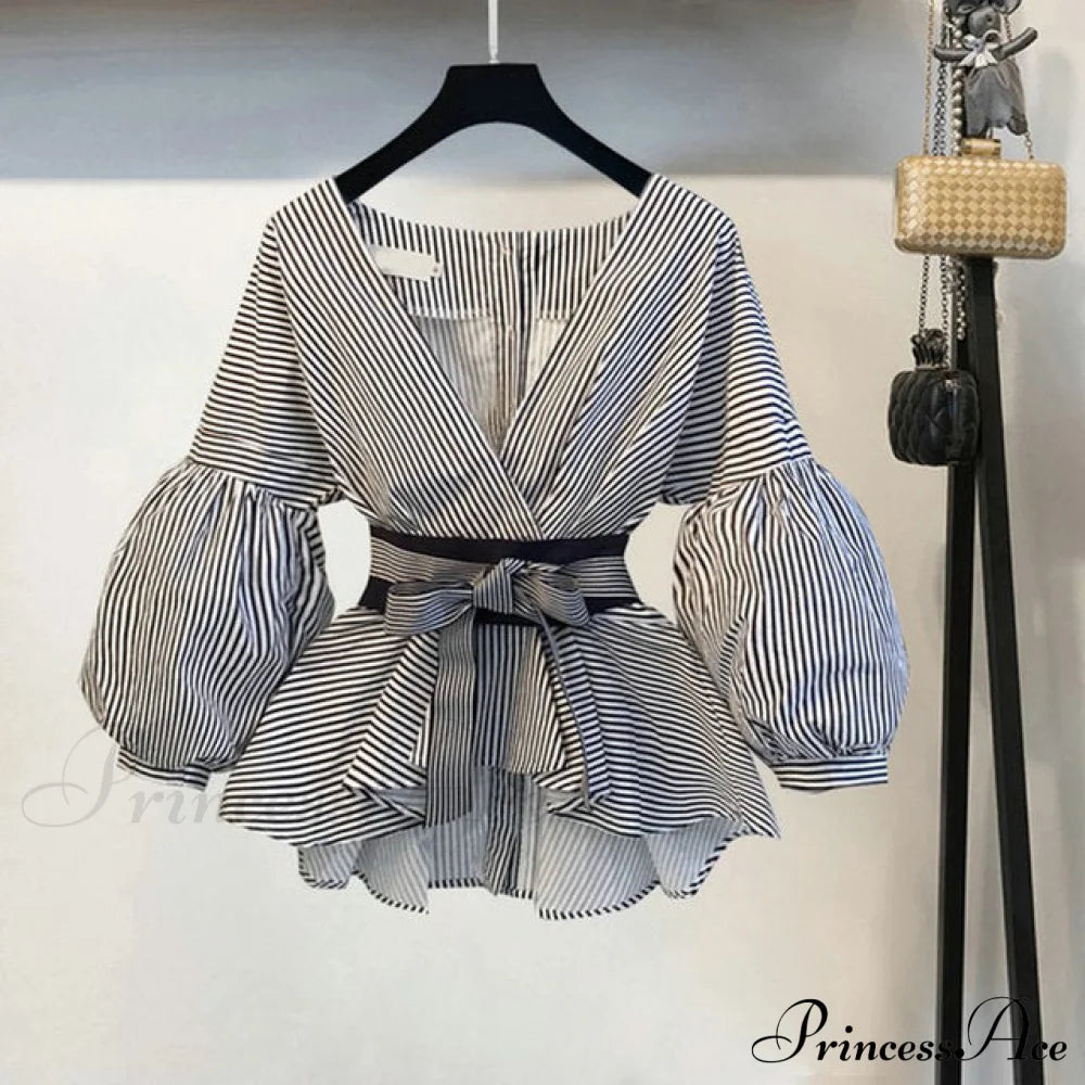 Spring Women’s Bow Pants Lantern Flare Black + Striped Split Warm-Season Blouse Arm Set Only