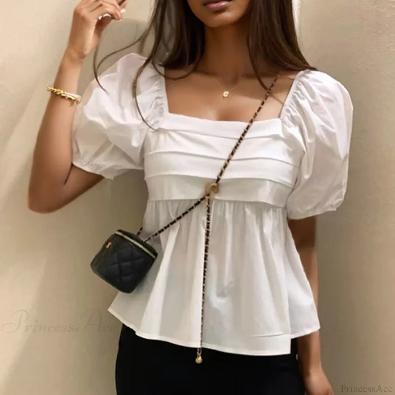Square Neck Puff Sleeve Casual Pleated White Blouse blouse-250126