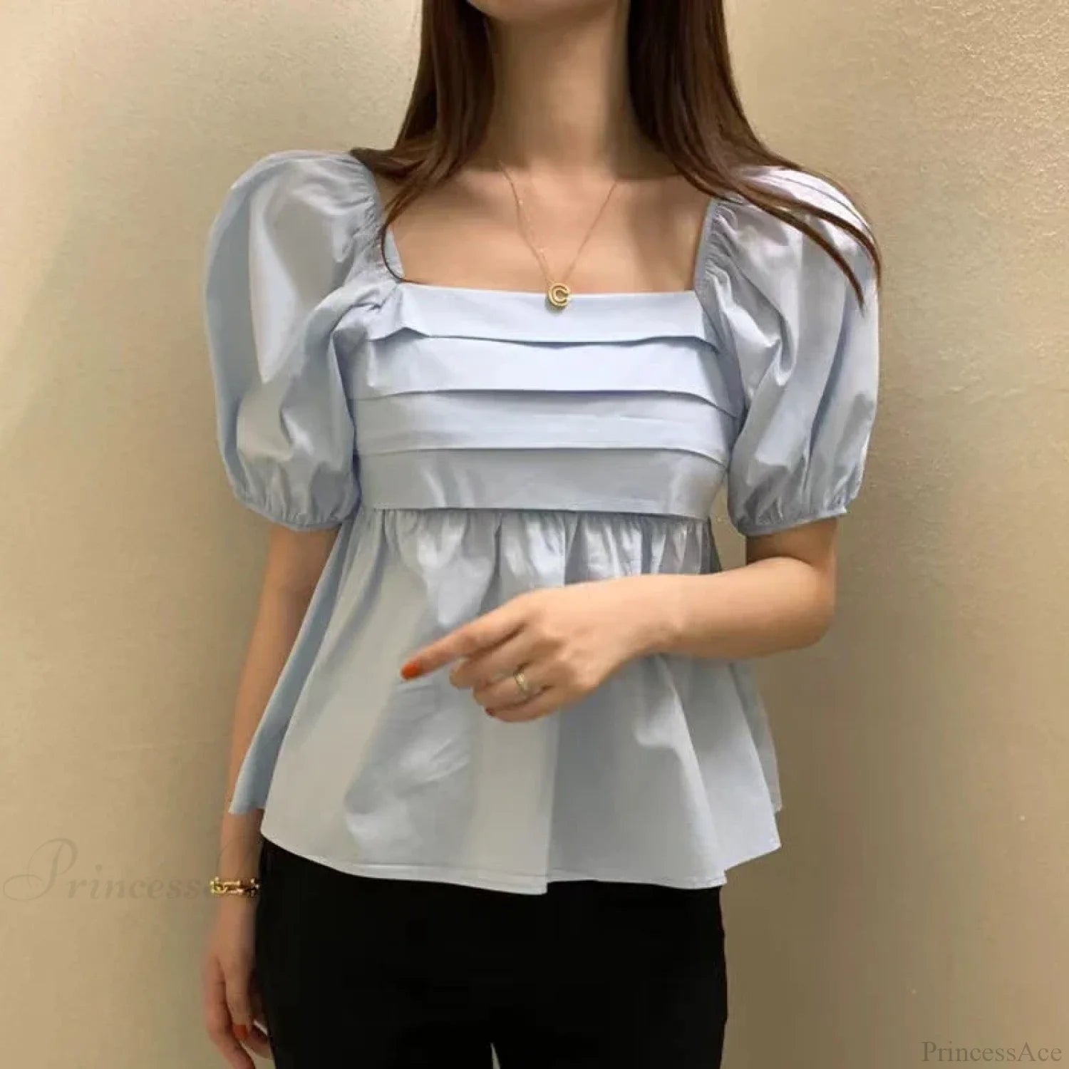 Square Neck Puff Sleeve Casual Pleated White Blouse blouse-250126