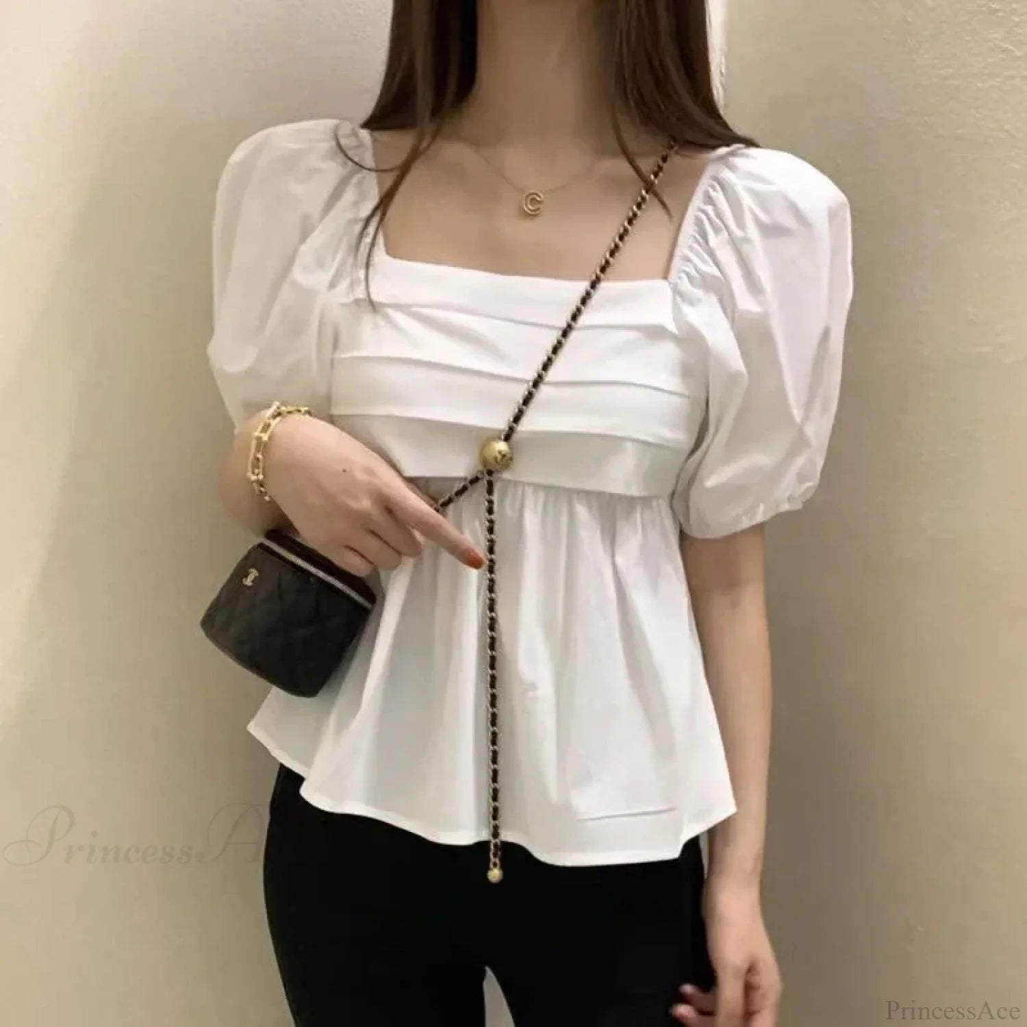Square Neck Puff Sleeve Casual Pleated White Blouse blouse-250126