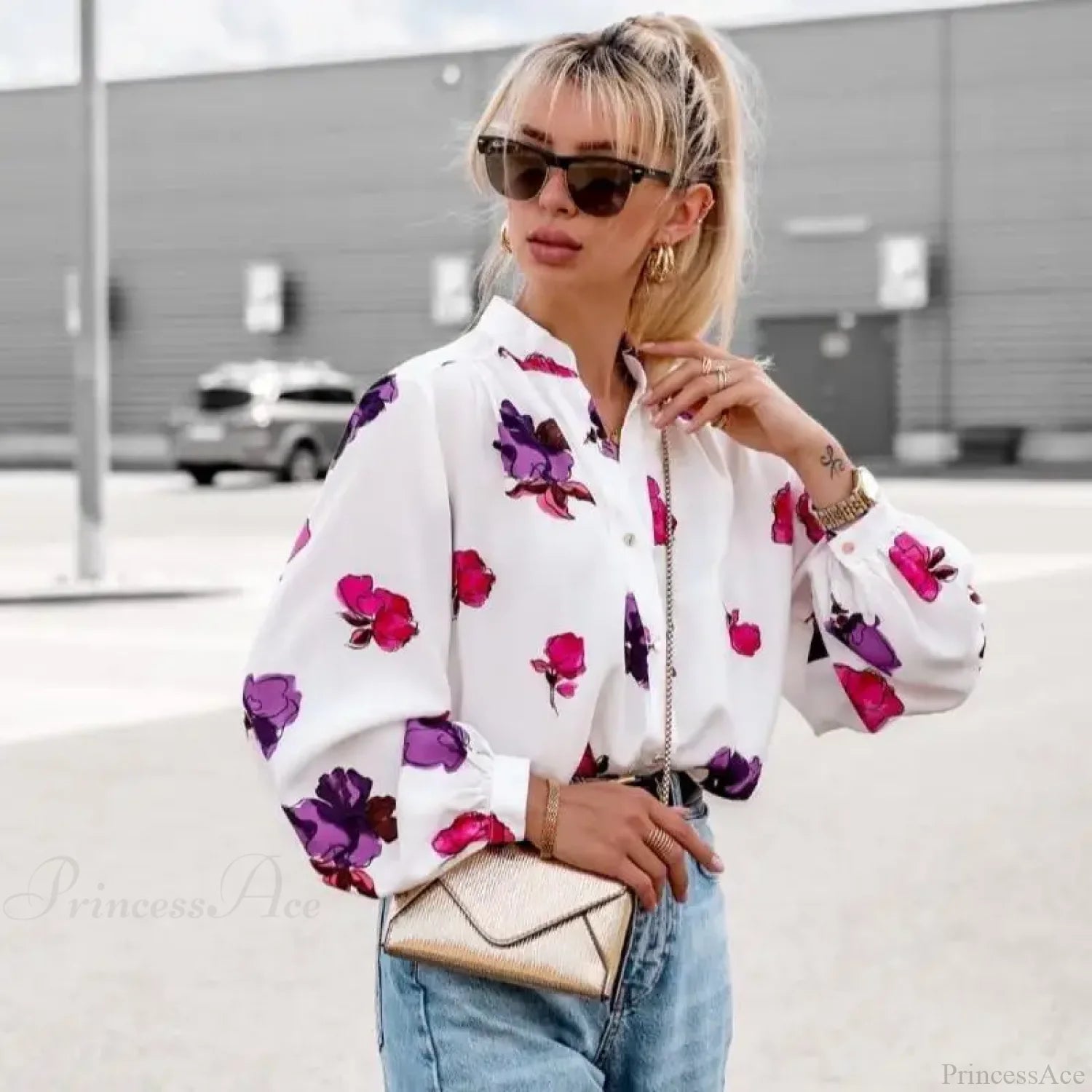 Stand Collar Floral Print Lantern Sleeve Blouse blouse-250126