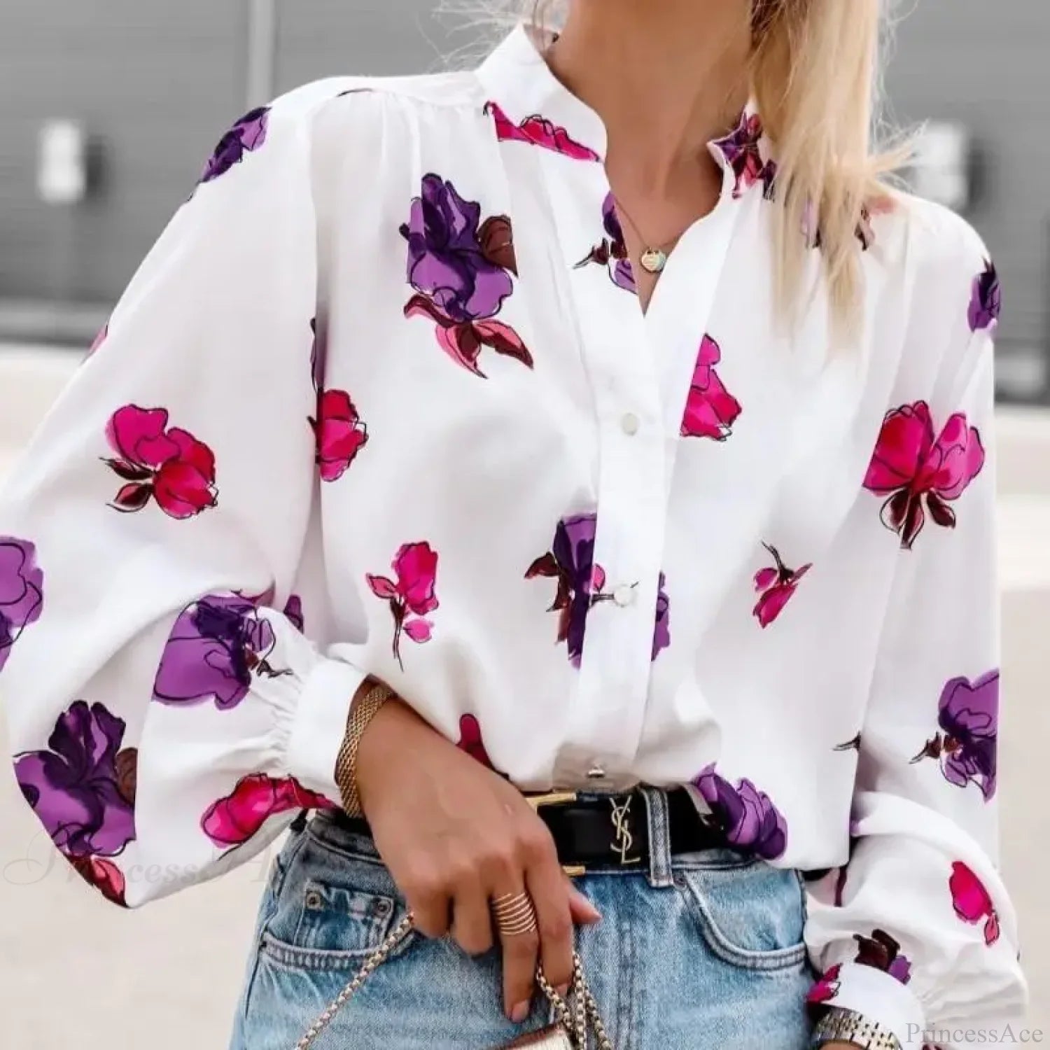 Stand Collar Floral Print Lantern Sleeve Blouse blouse-250126