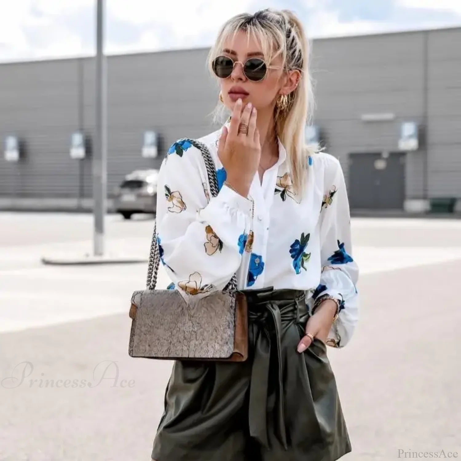 Stand Collar Floral Print Lantern Sleeve Blouse Blue / S blouse-250126