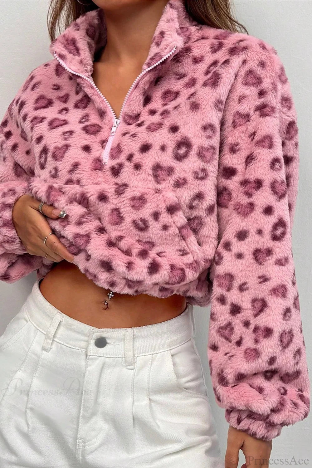 Stand Collar Half-Zip Leopard Print Cropped Fuzzy Coat Pink / S