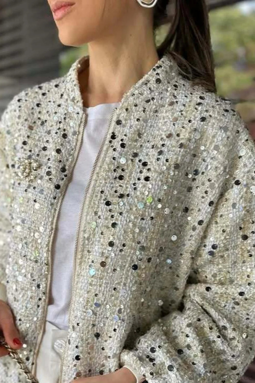 Stand Collar Sequin Long Sleeve Jacket