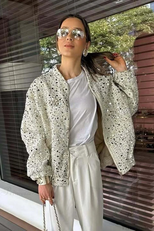 Stand Collar Sequin Long Sleeve Jacket Silver / S