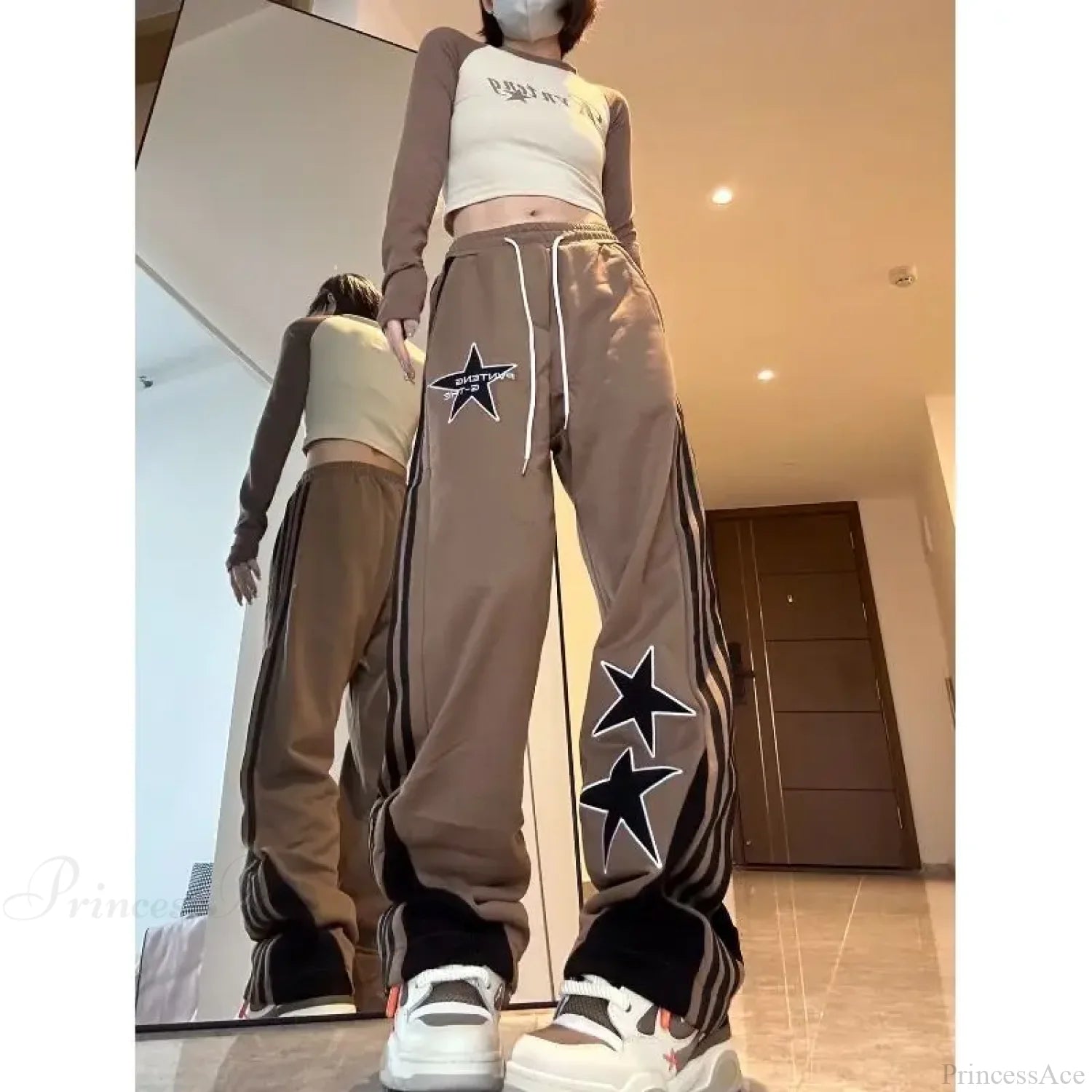 Star Stripe Sports Elastic Waist Pants Coffee / M