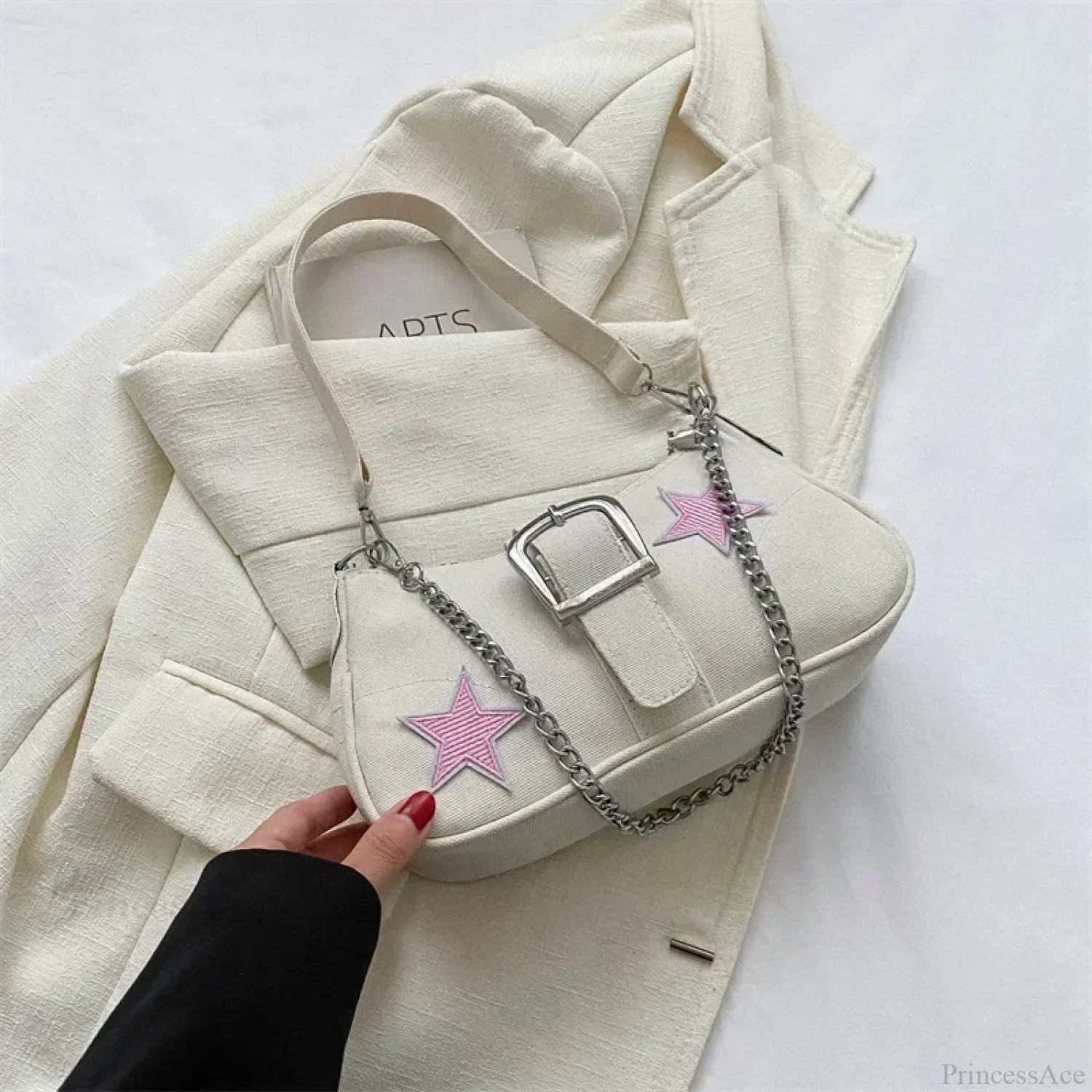 Stars Pattern Canvas Underarm Shoulder Bag White1 shoulder-250126