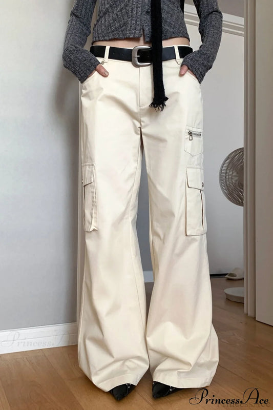 Straight-Leg Multi-Pocket High-Waisted Cargo Pants Beige / S