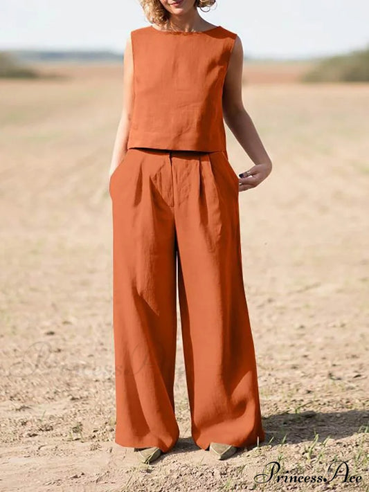 Straight Wide Set + For O-Neck Pants Two Blouse Sleeveless Solid Piece Top Color Vintage Suit Leg