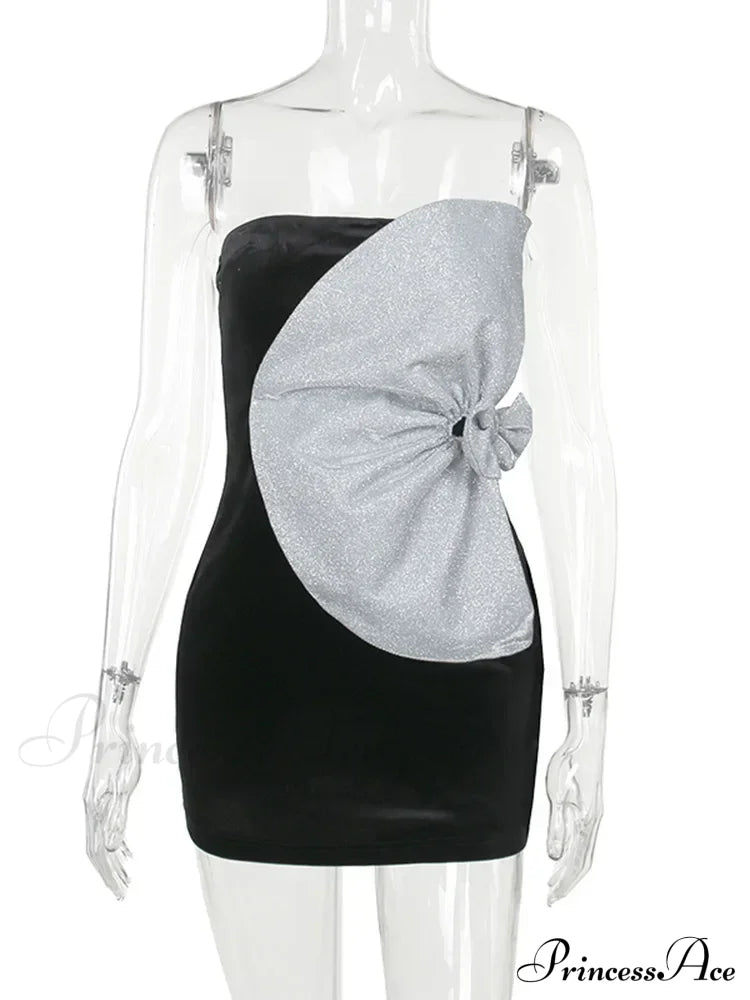 Strapless Backless Pleated Sexy Shinny Bow Mini Chic Patchwork Banquet Ball Evening Bodycon Dress