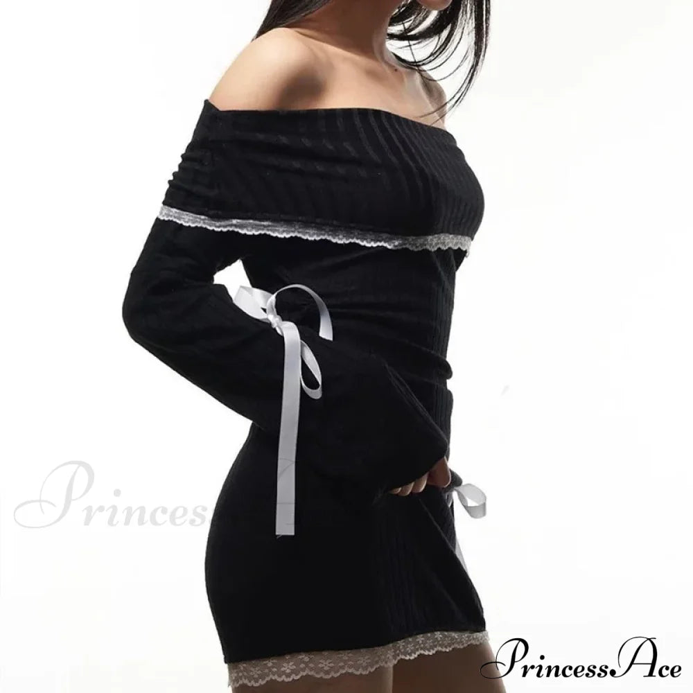 Strapless Black Autumn Off Shoulder Long Lace Knitting Bandage Mini Elegant Club Partywear Bodycon