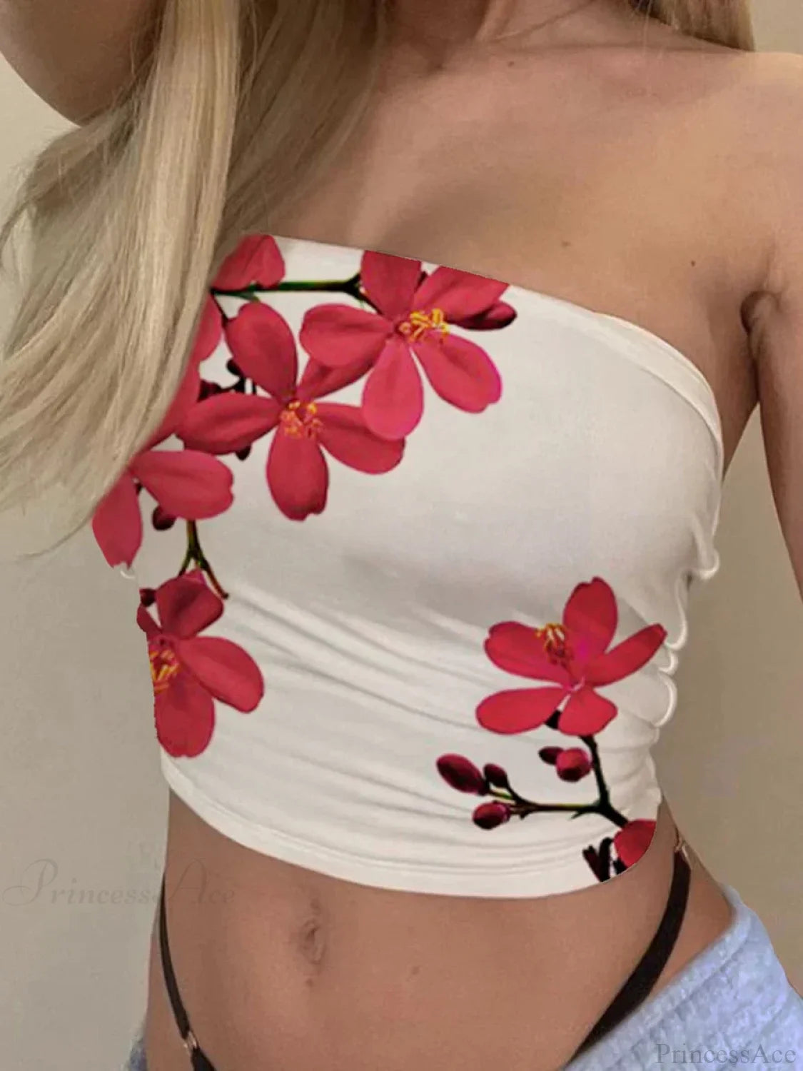 Strapless Floral Bandeau Tube Top Slim Fit Summer Crop Top Red / S croptop-250126
