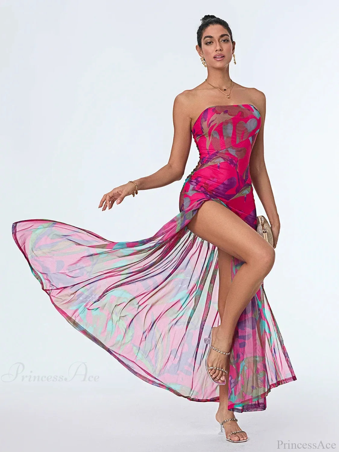 Strapless High Slit Mesh Hem Floral Dress floraldress-250126