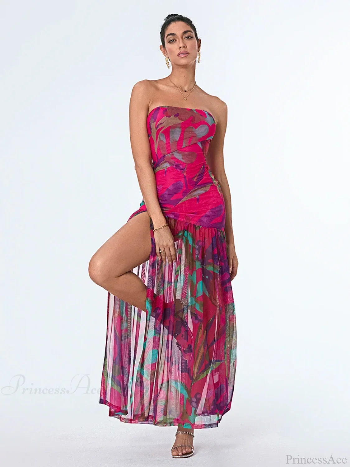 Strapless High Slit Mesh Hem Floral Dress floraldress-250126