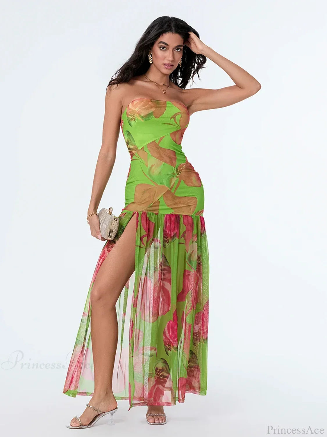Strapless High Slit Mesh Hem Floral Dress GREEN / S floraldress-250126