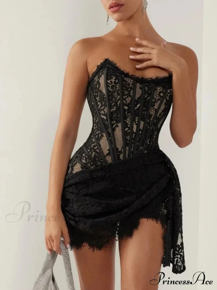 Strapless Lace Corset Mini Dress - Sleeveless Bodycon Christmas Party Black / Xs Dresses-L