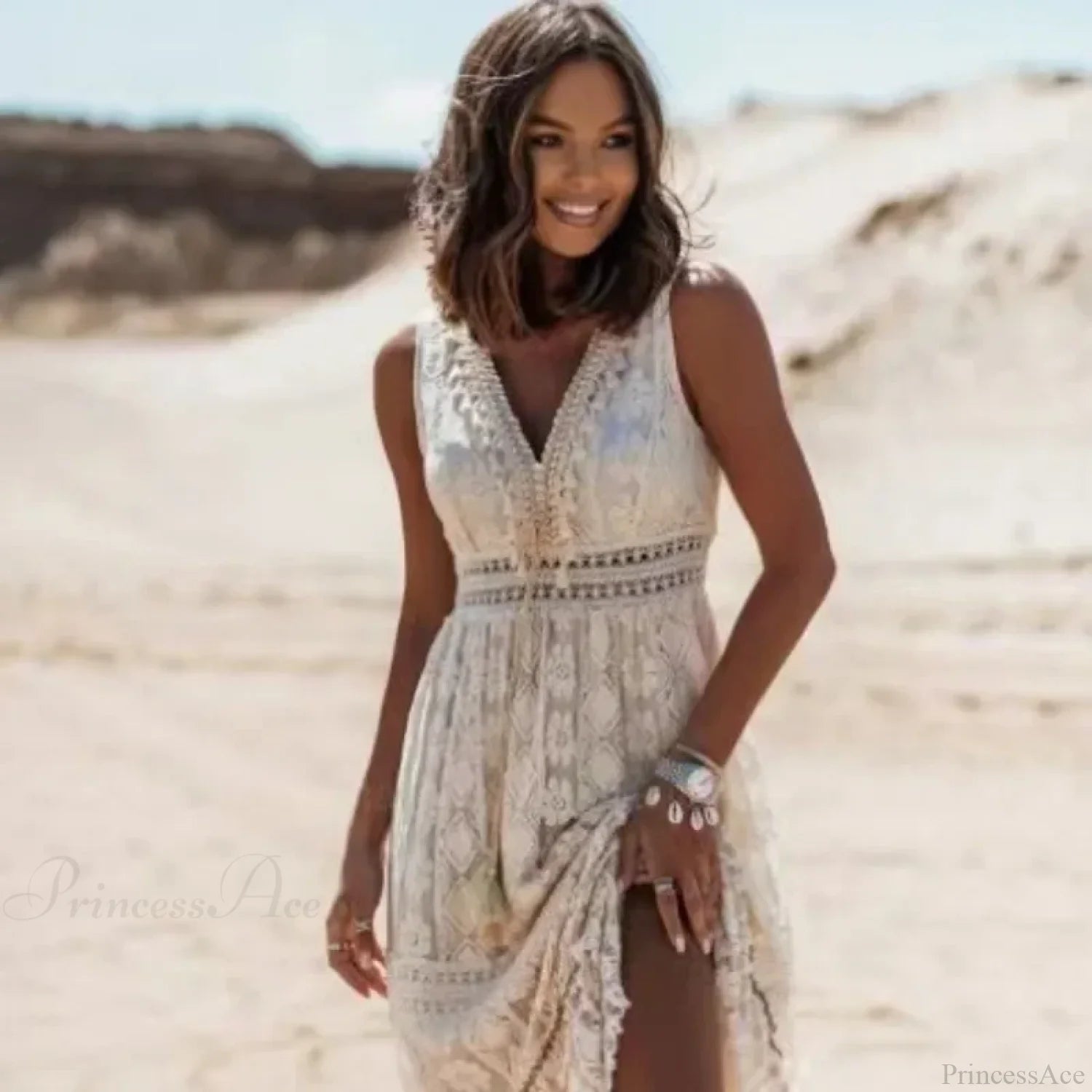 Strapless Lace Up Tassel Splicing Summer Maxi Boho Dress bohodress-250126