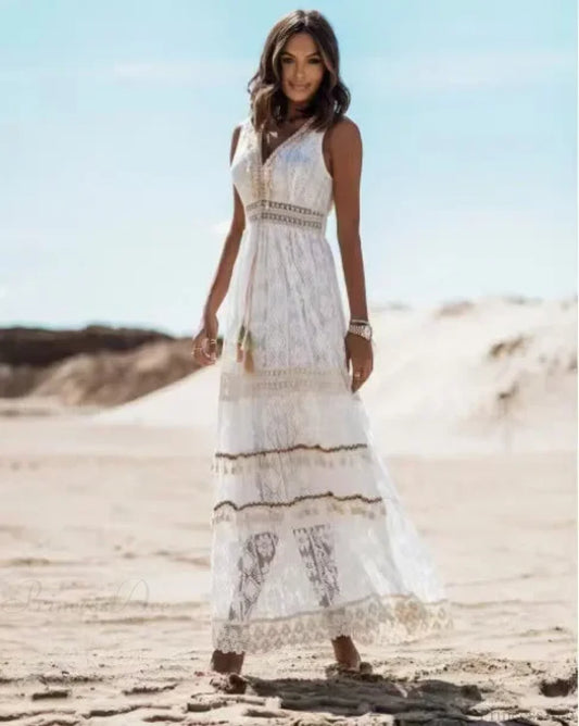 Strapless Lace Up Tassel Splicing Summer Maxi Boho Dress White / S bohodress-250126