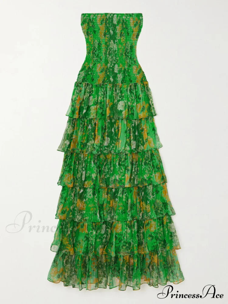 Strapless Layered Bandeau Charming Floral Print Maxi Dress Dresses
