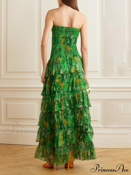 Strapless Layered Bandeau Charming Floral Print Maxi Dress Dresses