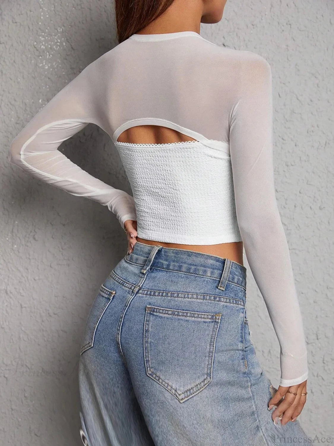 Strapless Low-cut Mesh Cutout Long Sleeve Crop Top croptop-250126