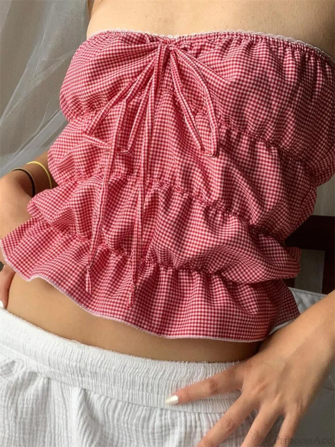 Strapless Plaid Ruched Backless Tube Crop Top croptop-250126