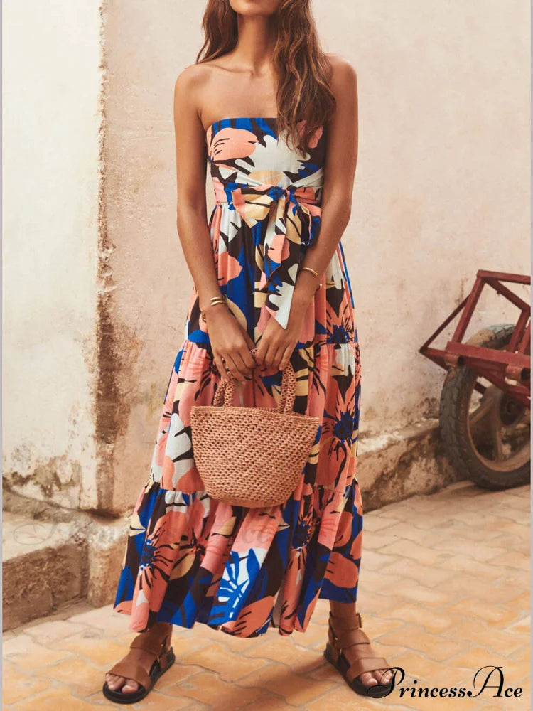 Strapless Printed Stylish Maxi Dress Orange / S Dresses