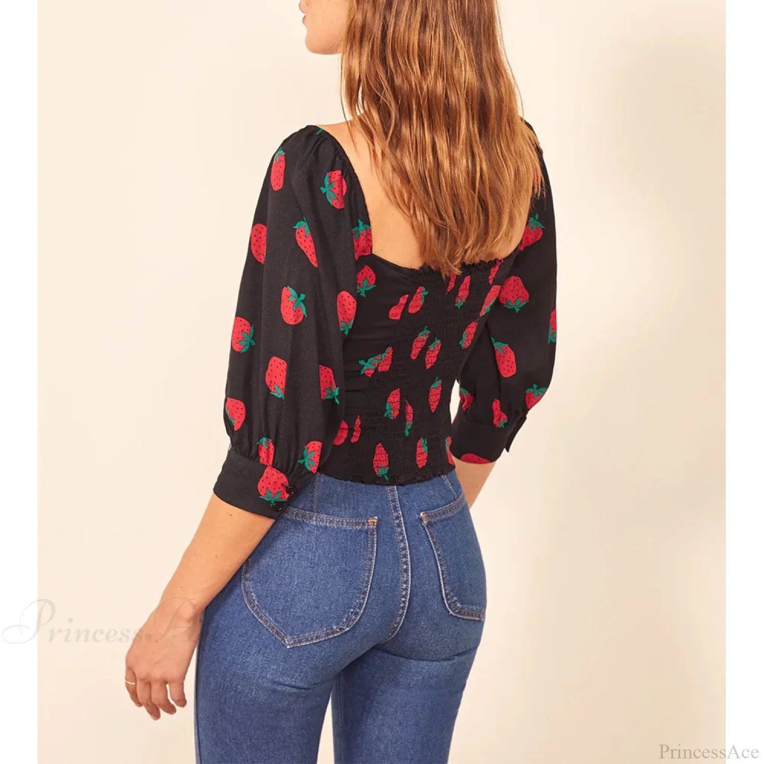 Strawberry Print Sweetheart Neck Slim Smocked Puff Blouse croptop-250126