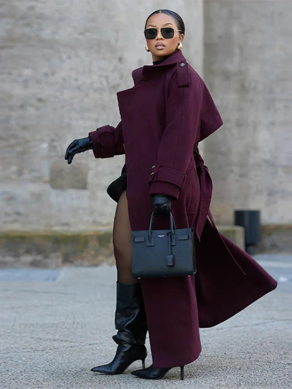 Street Burgundy Woolen Belted Overcoat