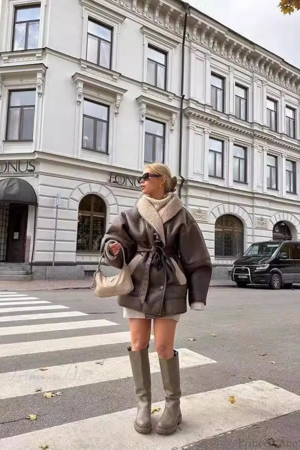 Street Style Color Block Tie Waist Faux Leather Coat