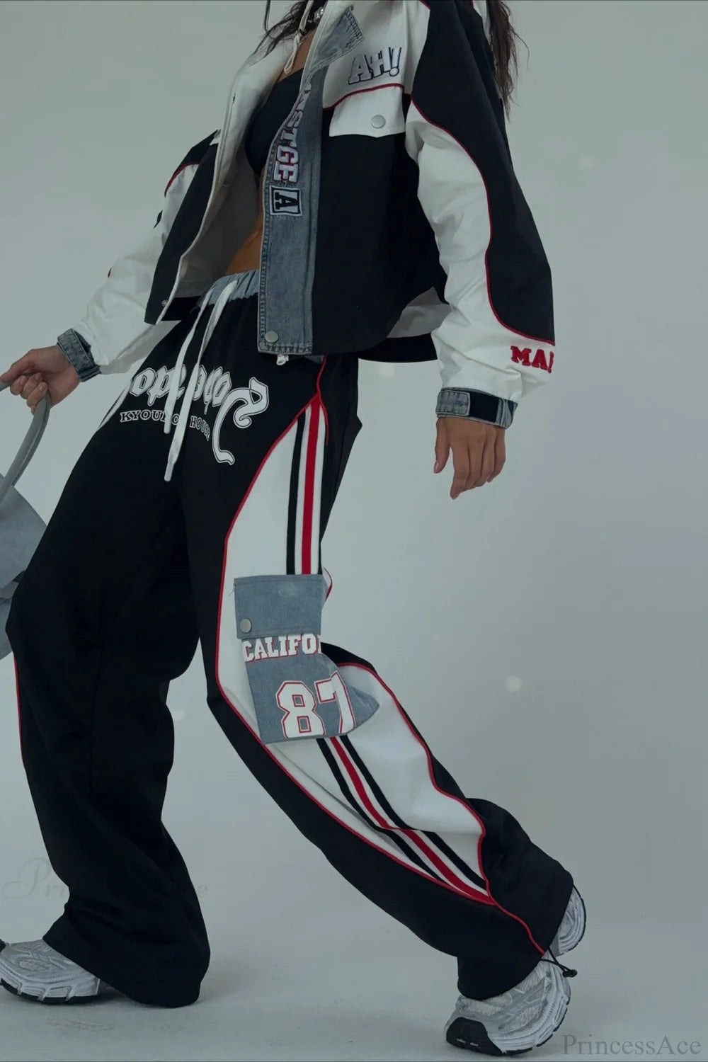 Street Style Denim Paneled Slim Fit Jacket Pants Two Piece Set