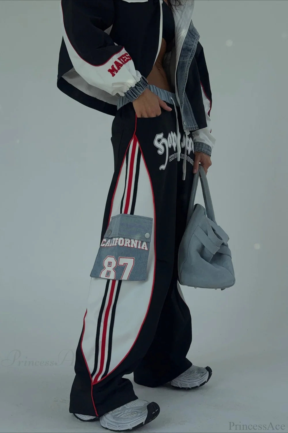 Street Style Denim Paneled Slim Fit Jacket Pants Two Piece Set