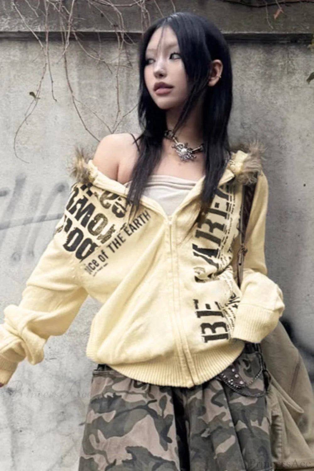 Street Style Fuzzy Patchwork Hoodie Light Yellow / S