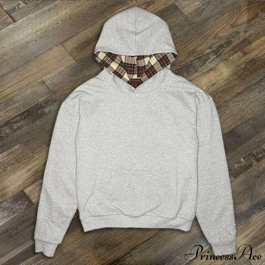 Street Style Reversible Plaid Hoodie Grey / S