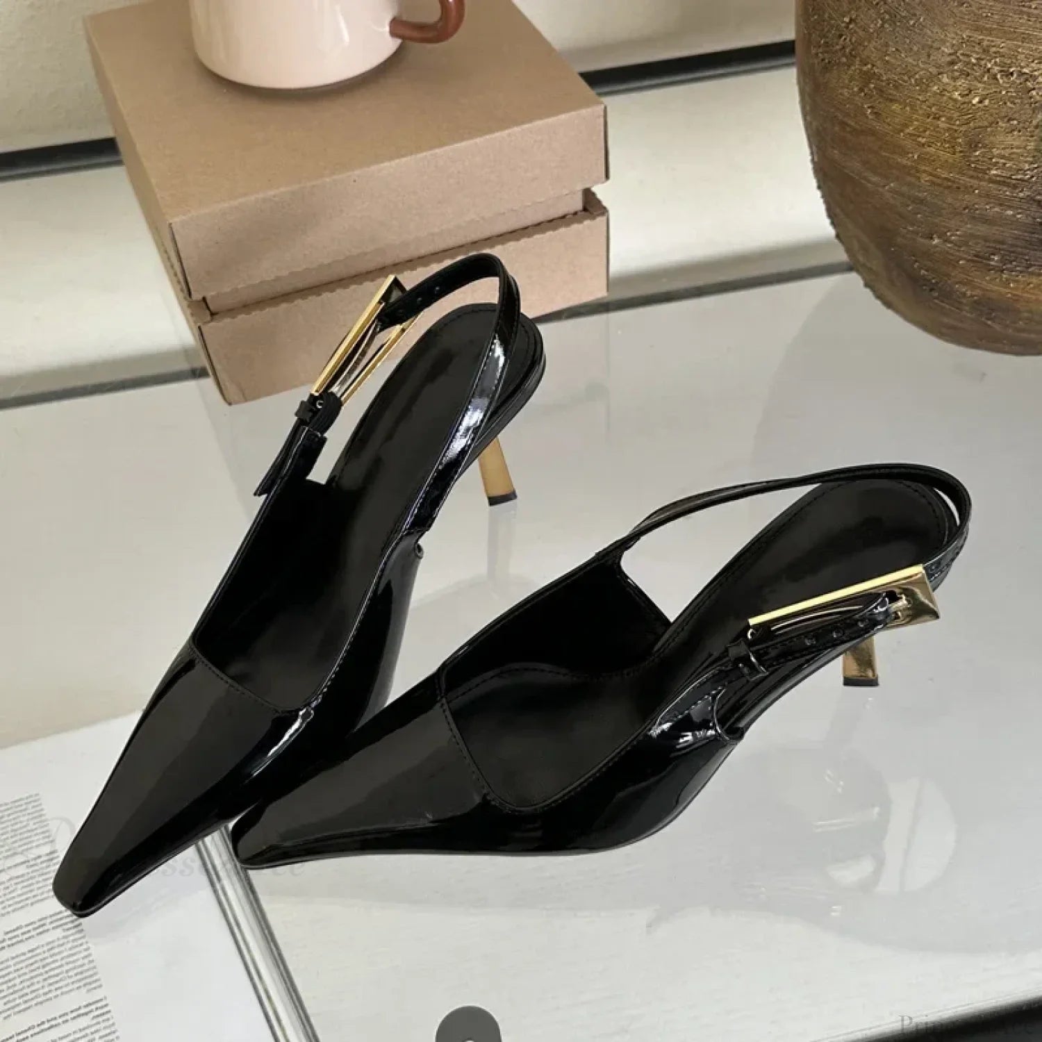 Street Style Sexy Pointed Metal Buckle Strap Slingback Square Toe Low Heel Pump Black / 35