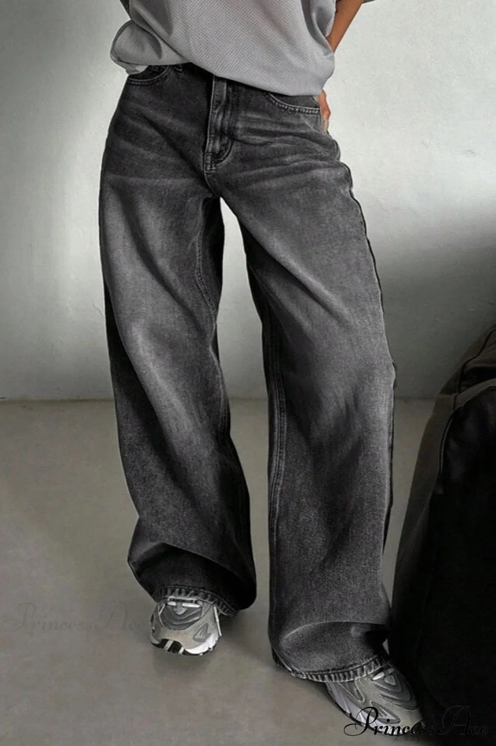 Street Vintage Smoky Gray Washed Wide Leg Jeans