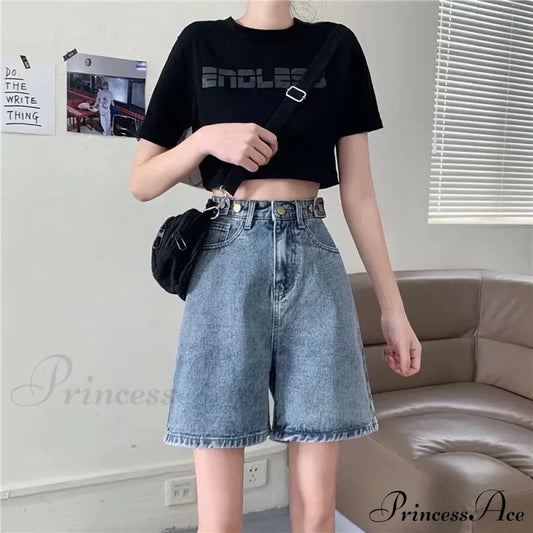 Streetwear Summer Half High-Waisted Belted Loose Female Short Fashion Jean